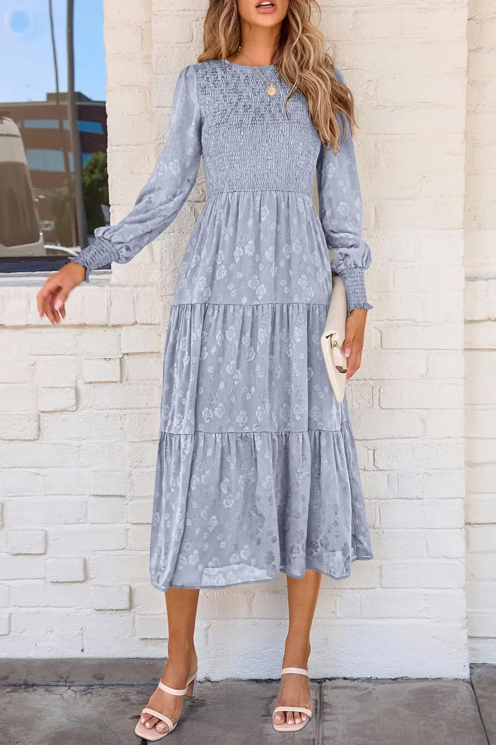 PRETTYGARDEN Women's Fall Spring Midi Dress Long Sleeve Floral Smocked Elegant Wedding Guest Long Flowy Dresses with Pockets