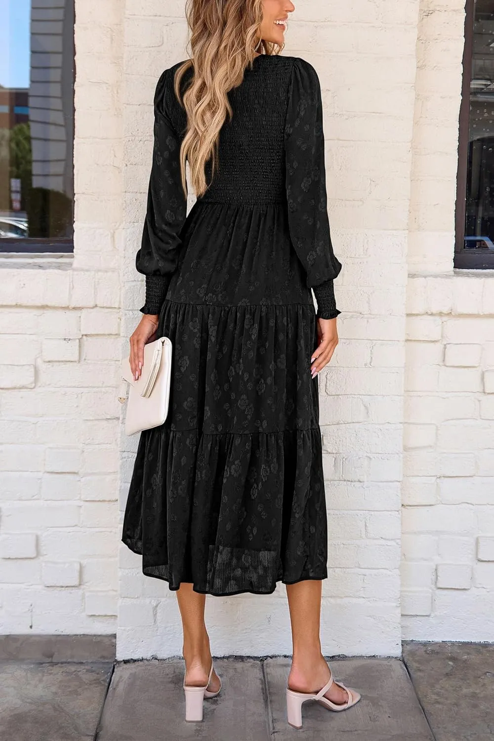 PRETTYGARDEN Women's Fall Spring Midi Dress Long Sleeve Floral Smocked Elegant Wedding Guest Long Flowy Dresses with Pockets