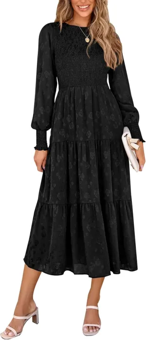 PRETTYGARDEN Women's Fall Spring Midi Dress Long Sleeve Floral Smocked Elegant Wedding Guest Long Flowy Dresses with Pockets