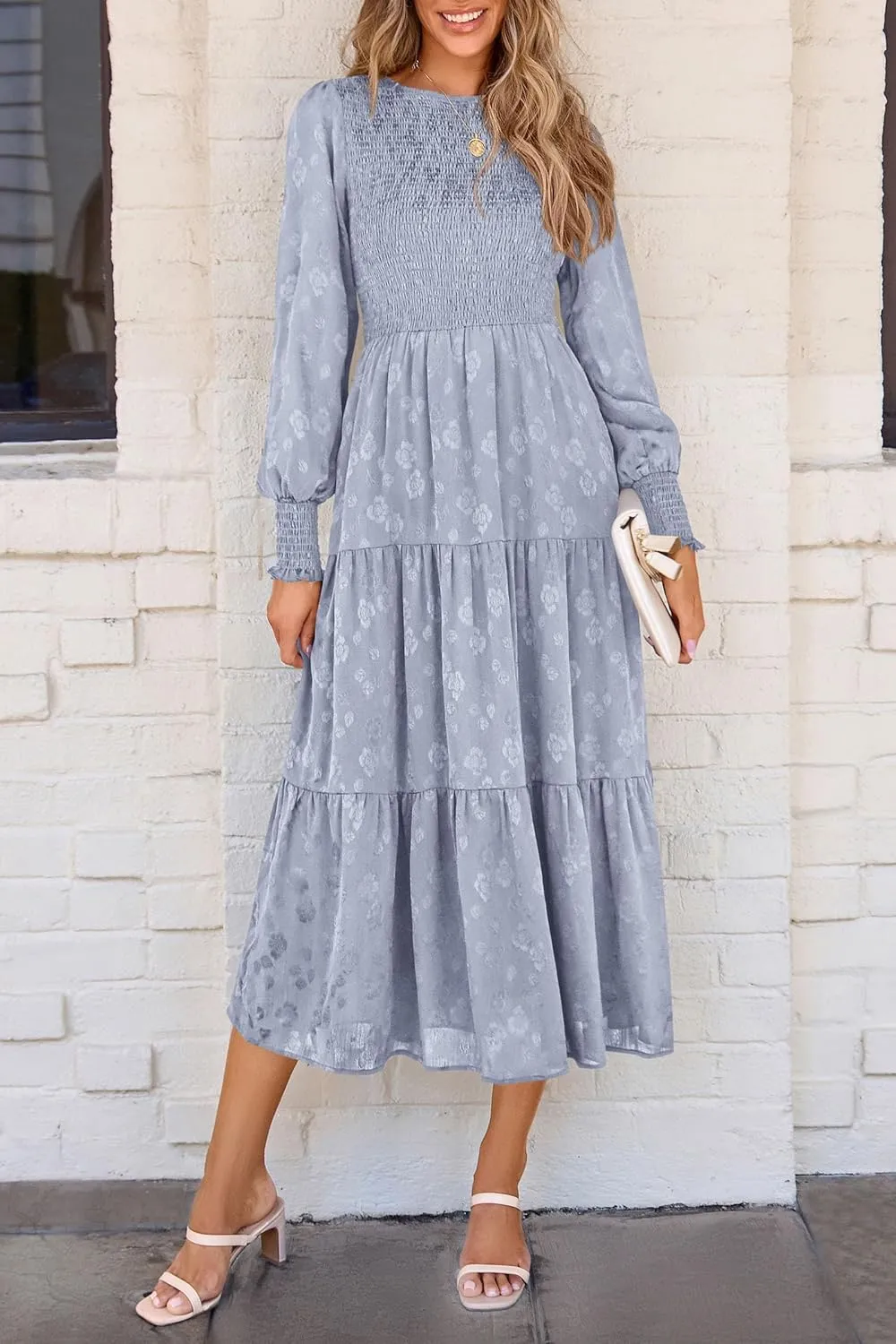 PRETTYGARDEN Women's Fall Spring Midi Dress Long Sleeve Floral Smocked Elegant Wedding Guest Long Flowy Dresses with Pockets