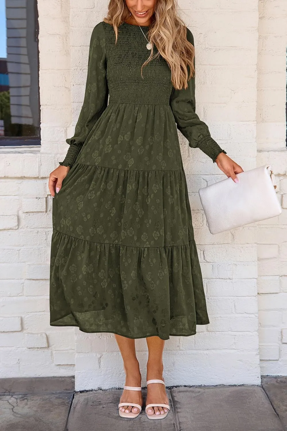 PRETTYGARDEN Women's Fall Spring Midi Dress Long Sleeve Floral Smocked Elegant Wedding Guest Long Flowy Dresses with Pockets