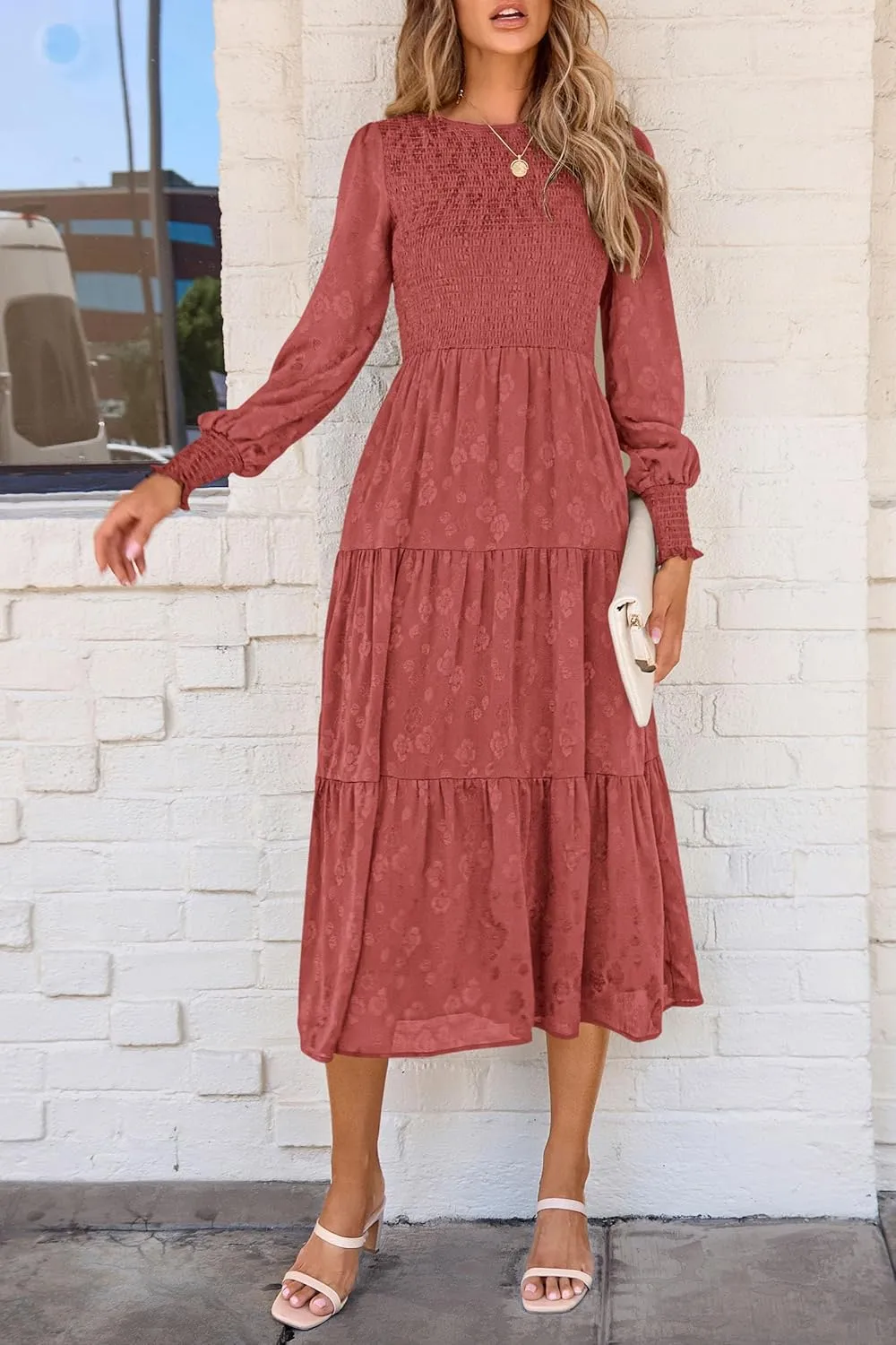 PRETTYGARDEN Women's Fall Spring Midi Dress Long Sleeve Floral Smocked Elegant Wedding Guest Long Flowy Dresses with Pockets