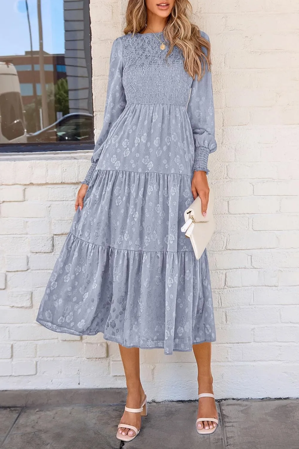 PRETTYGARDEN Women's Fall Spring Midi Dress Long Sleeve Floral Smocked Elegant Wedding Guest Long Flowy Dresses with Pockets
