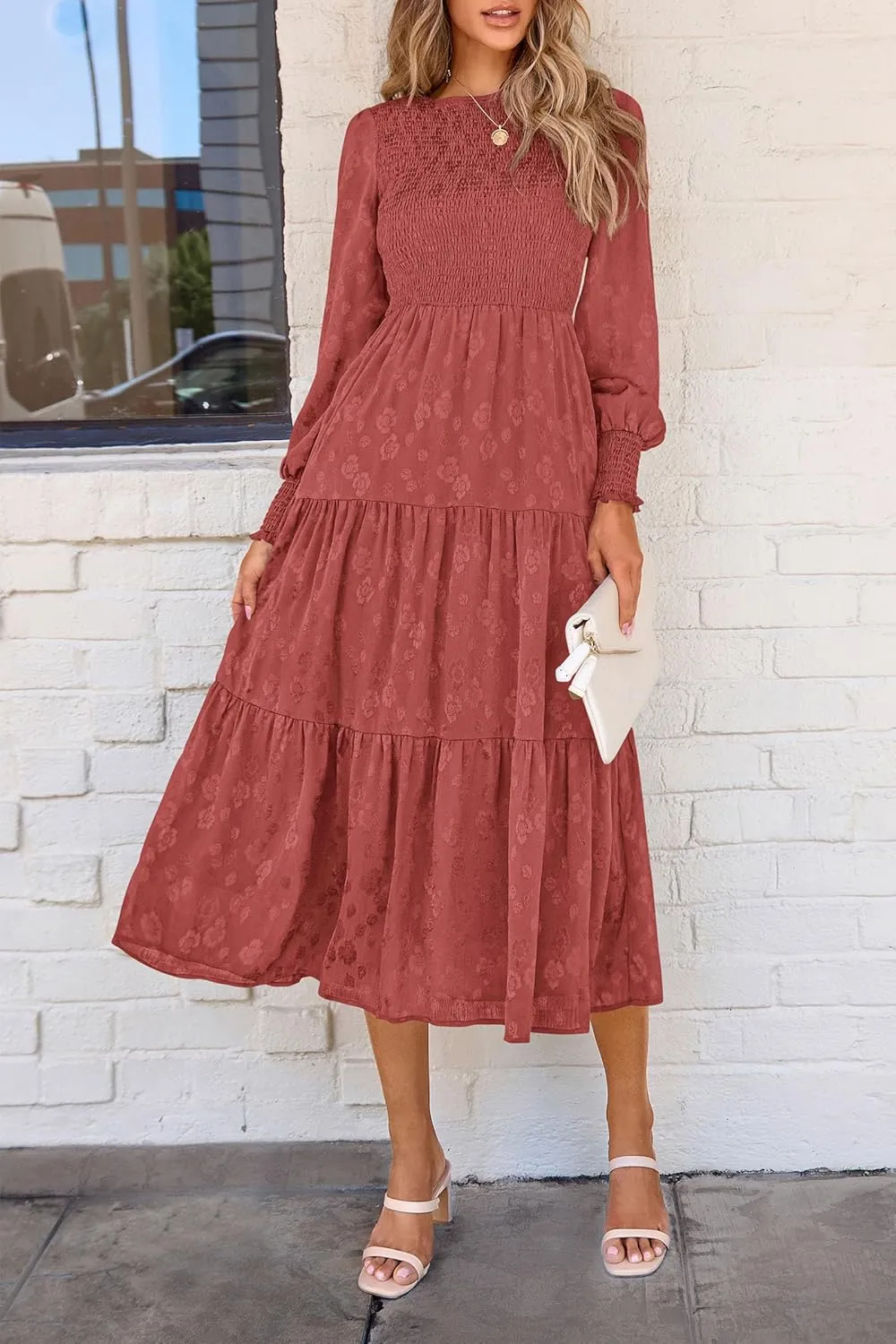 PRETTYGARDEN Women's Fall Spring Midi Dress Long Sleeve Floral Smocked Elegant Wedding Guest Long Flowy Dresses with Pockets