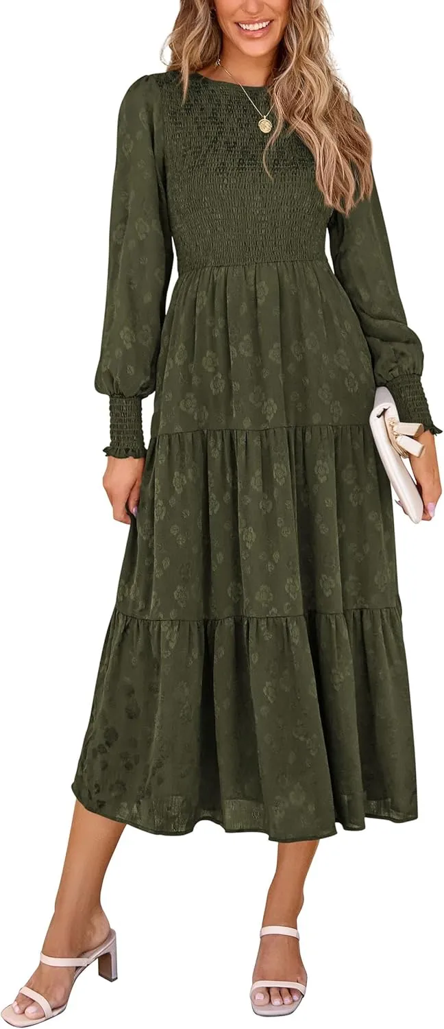 PRETTYGARDEN Women's Fall Spring Midi Dress Long Sleeve Floral Smocked Elegant Wedding Guest Long Flowy Dresses with Pockets
