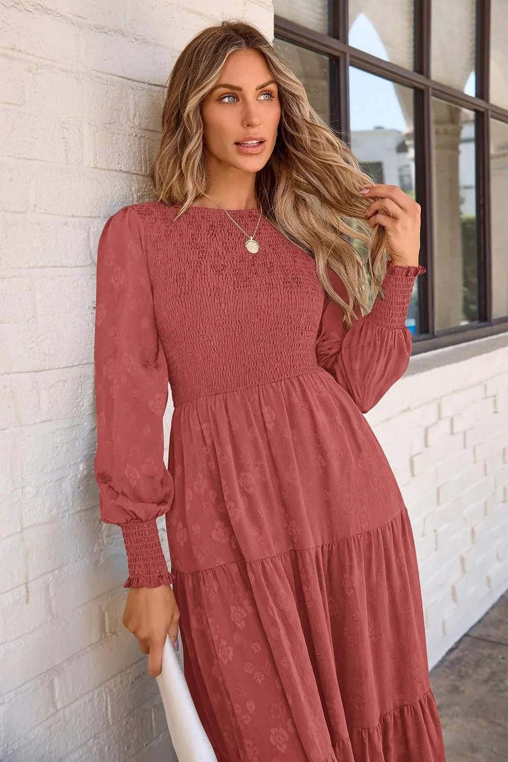 PRETTYGARDEN Women's Fall Spring Midi Dress Long Sleeve Floral Smocked Elegant Wedding Guest Long Flowy Dresses with Pockets