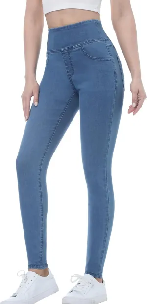 Pull on Skinny Jeans for Women, Stretchy High Waisted Leggings Trendy Tummy Control Demin Jegging with Pockets