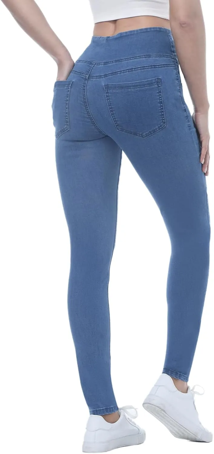 Pull on Skinny Jeans for Women, Stretchy High Waisted Leggings Trendy Tummy Control Demin Jegging with Pockets