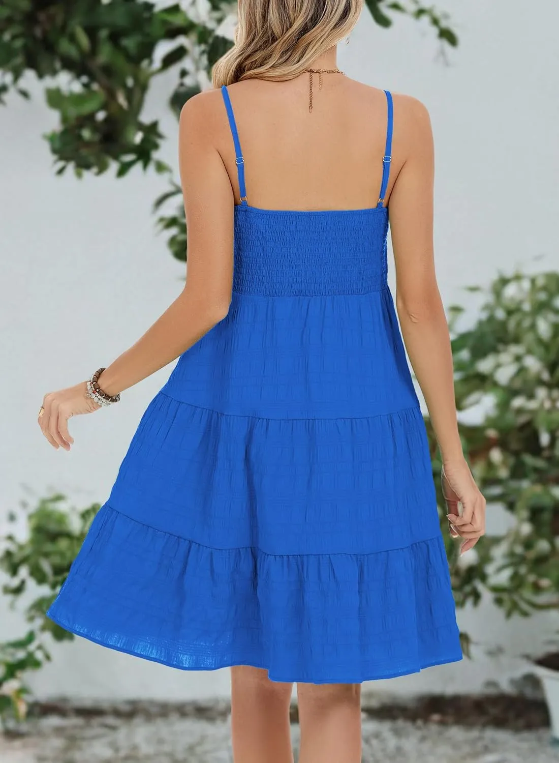 RANPHEE Womens Casual Summer Spaghetti Strap Smocked A Line Beach Vacation Sun Dress Above The Knee