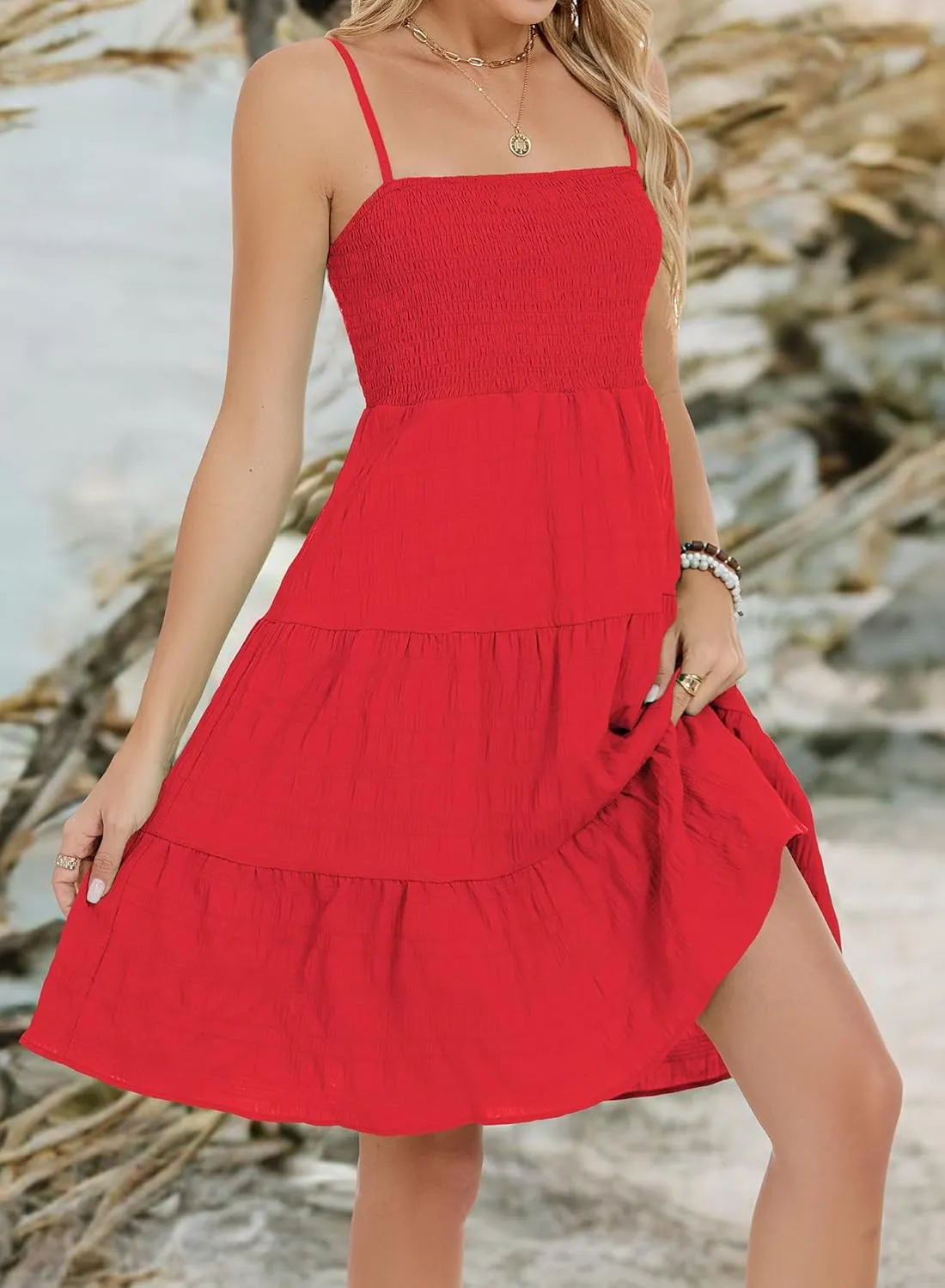 RANPHEE Womens Casual Summer Spaghetti Strap Smocked A Line Beach Vacation Sun Dress Above The Knee