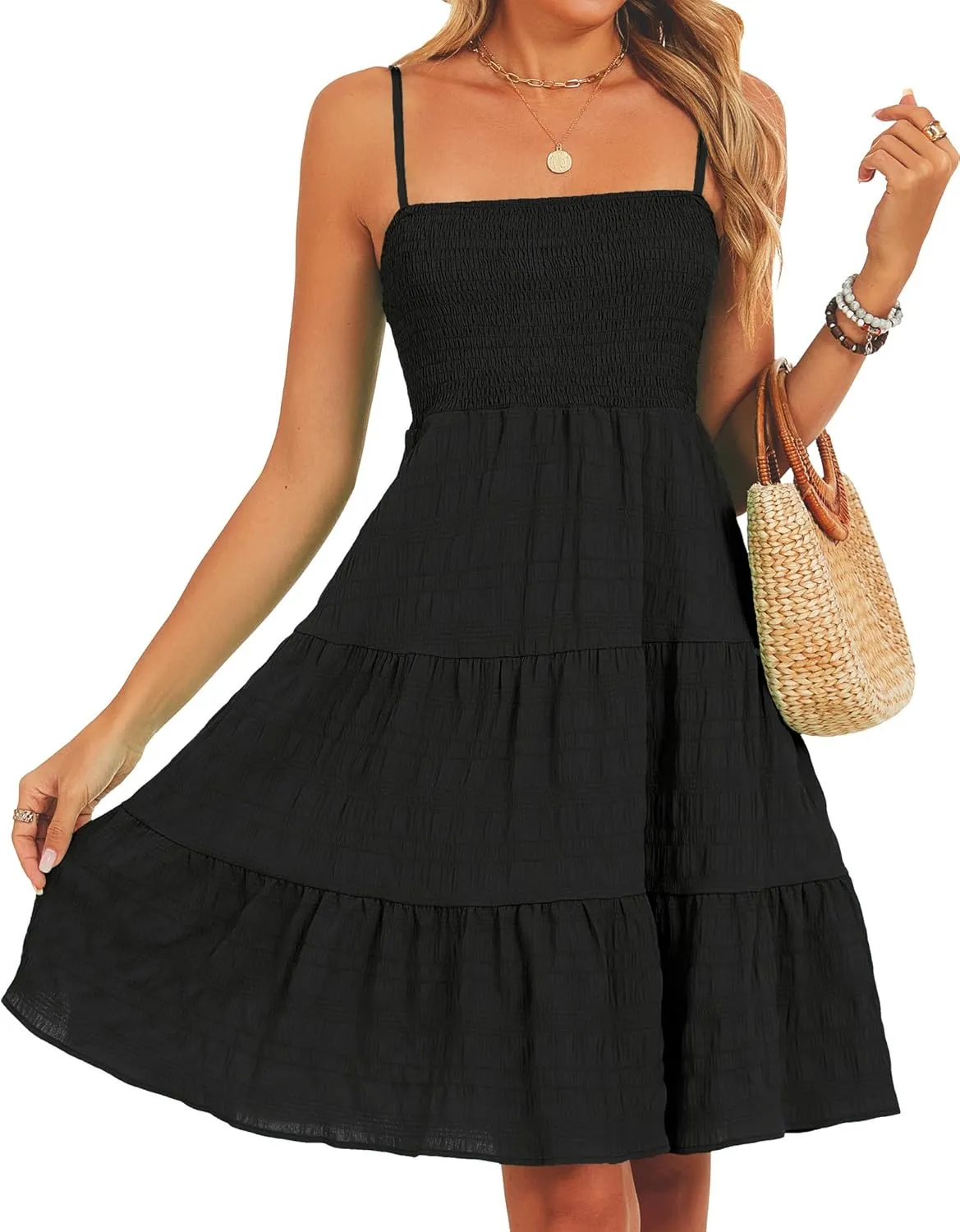 RANPHEE Womens Casual Summer Spaghetti Strap Smocked A Line Beach Vacation Sun Dress Above The Knee