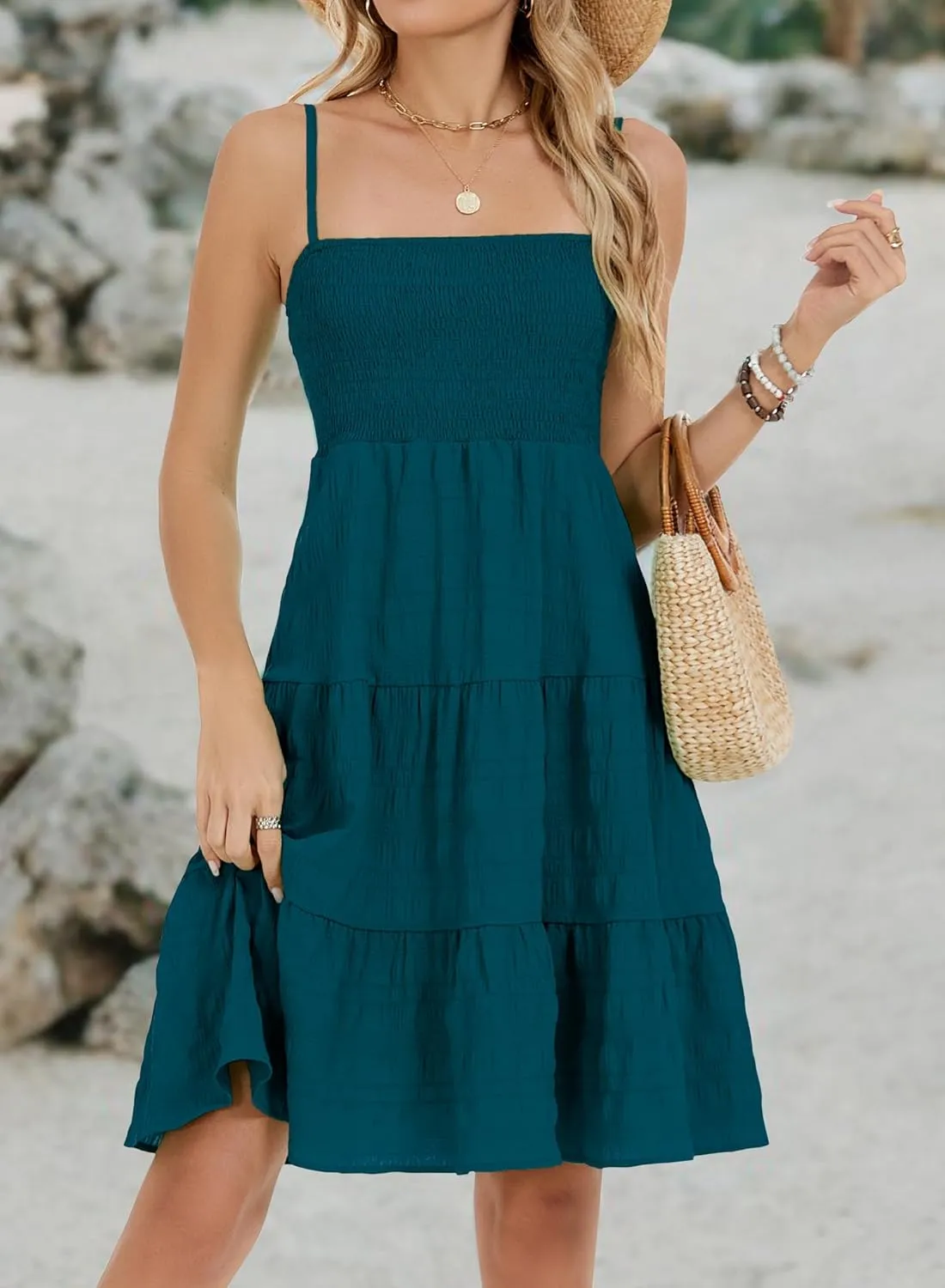 RANPHEE Womens Casual Summer Spaghetti Strap Smocked A Line Beach Vacation Sun Dress Above The Knee