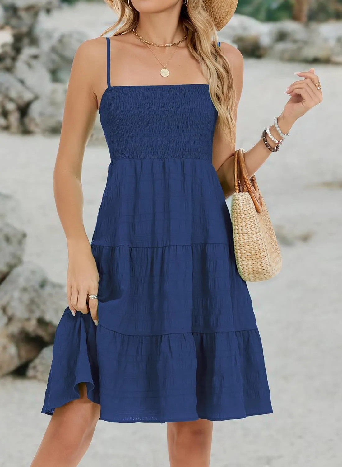 RANPHEE Womens Casual Summer Spaghetti Strap Smocked A Line Beach Vacation Sun Dress Above The Knee