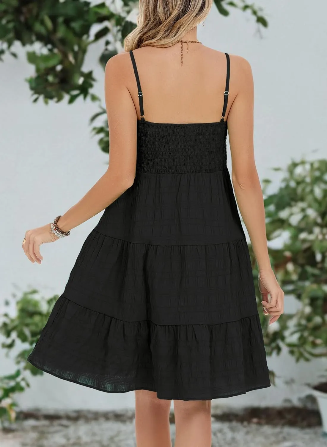 RANPHEE Womens Casual Summer Spaghetti Strap Smocked A Line Beach Vacation Sun Dress Above The Knee
