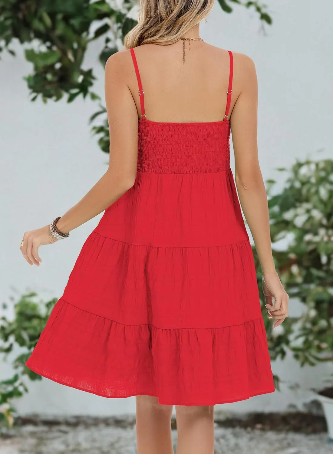 RANPHEE Womens Casual Summer Spaghetti Strap Smocked A Line Beach Vacation Sun Dress Above The Knee