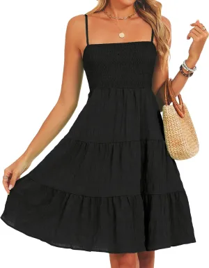 RANPHEE Womens Casual Summer Spaghetti Strap Smocked A Line Beach Vacation Sun Dress Above The Knee