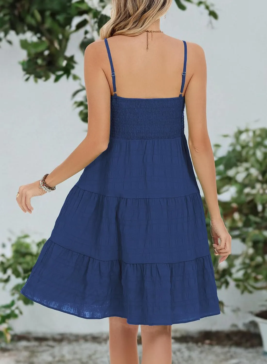 RANPHEE Womens Casual Summer Spaghetti Strap Smocked A Line Beach Vacation Sun Dress Above The Knee
