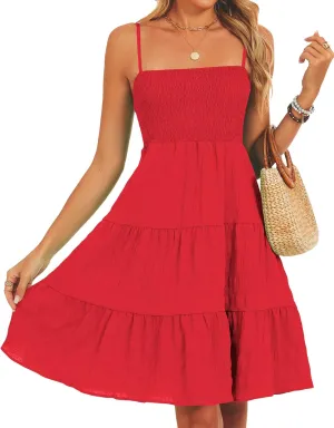 RANPHEE Womens Casual Summer Spaghetti Strap Smocked A Line Beach Vacation Sun Dress Above The Knee