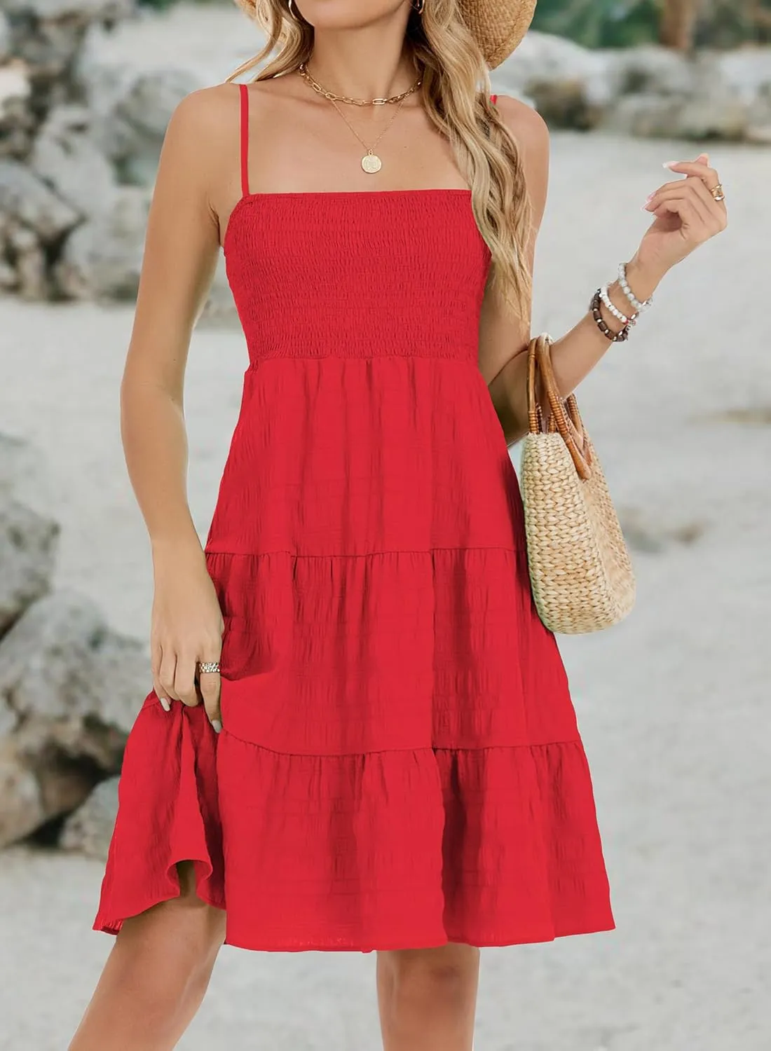 RANPHEE Womens Casual Summer Spaghetti Strap Smocked A Line Beach Vacation Sun Dress Above The Knee