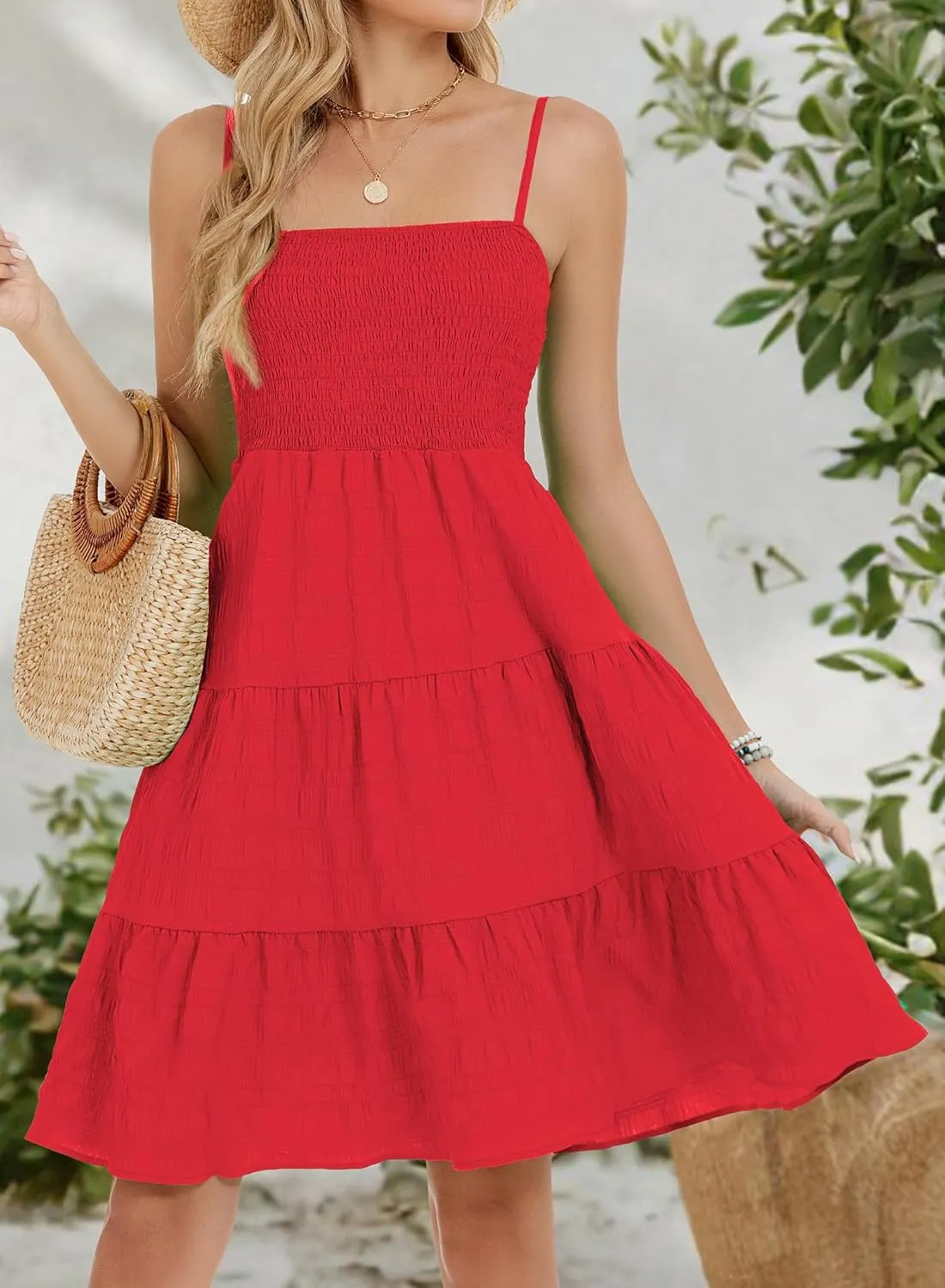 RANPHEE Womens Casual Summer Spaghetti Strap Smocked A Line Beach Vacation Sun Dress Above The Knee