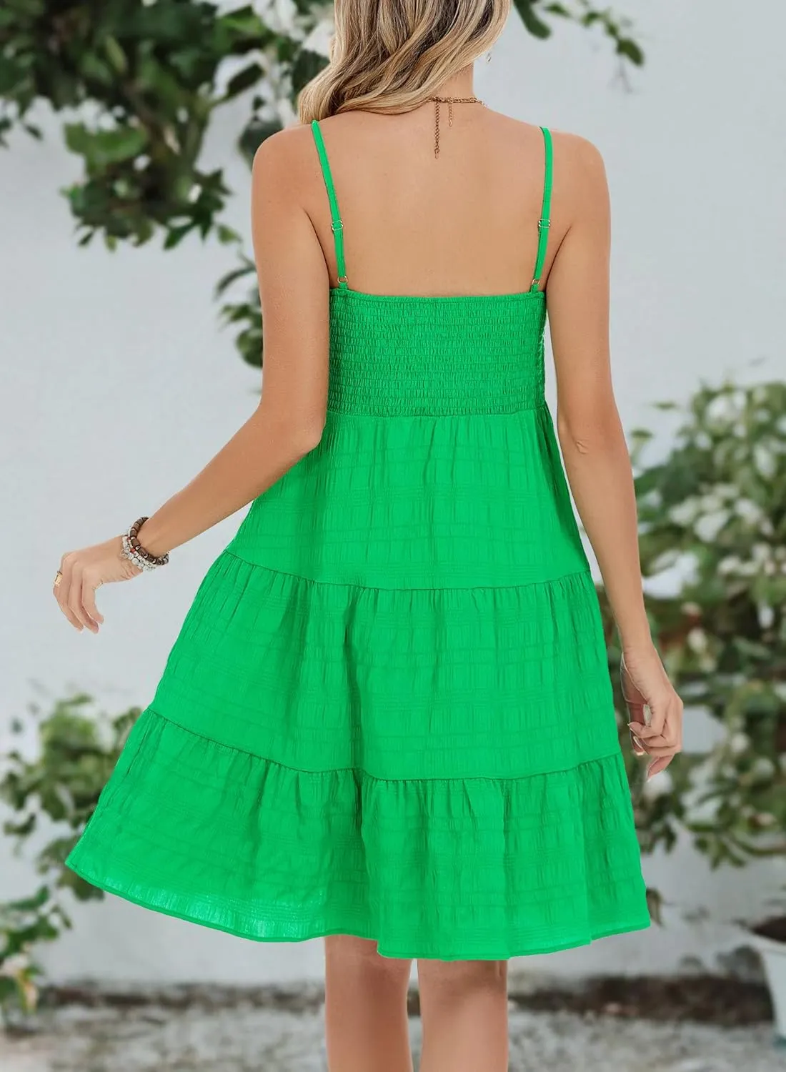 RANPHEE Womens Casual Summer Spaghetti Strap Smocked A Line Beach Vacation Sun Dress Above The Knee