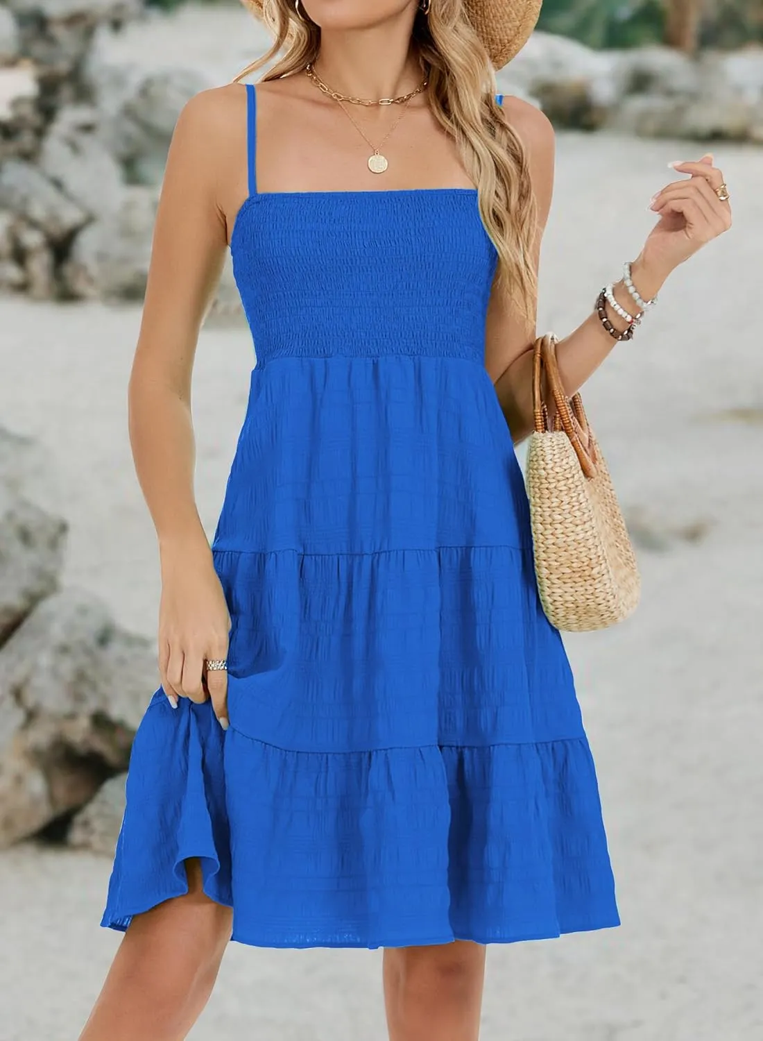RANPHEE Womens Casual Summer Spaghetti Strap Smocked A Line Beach Vacation Sun Dress Above The Knee