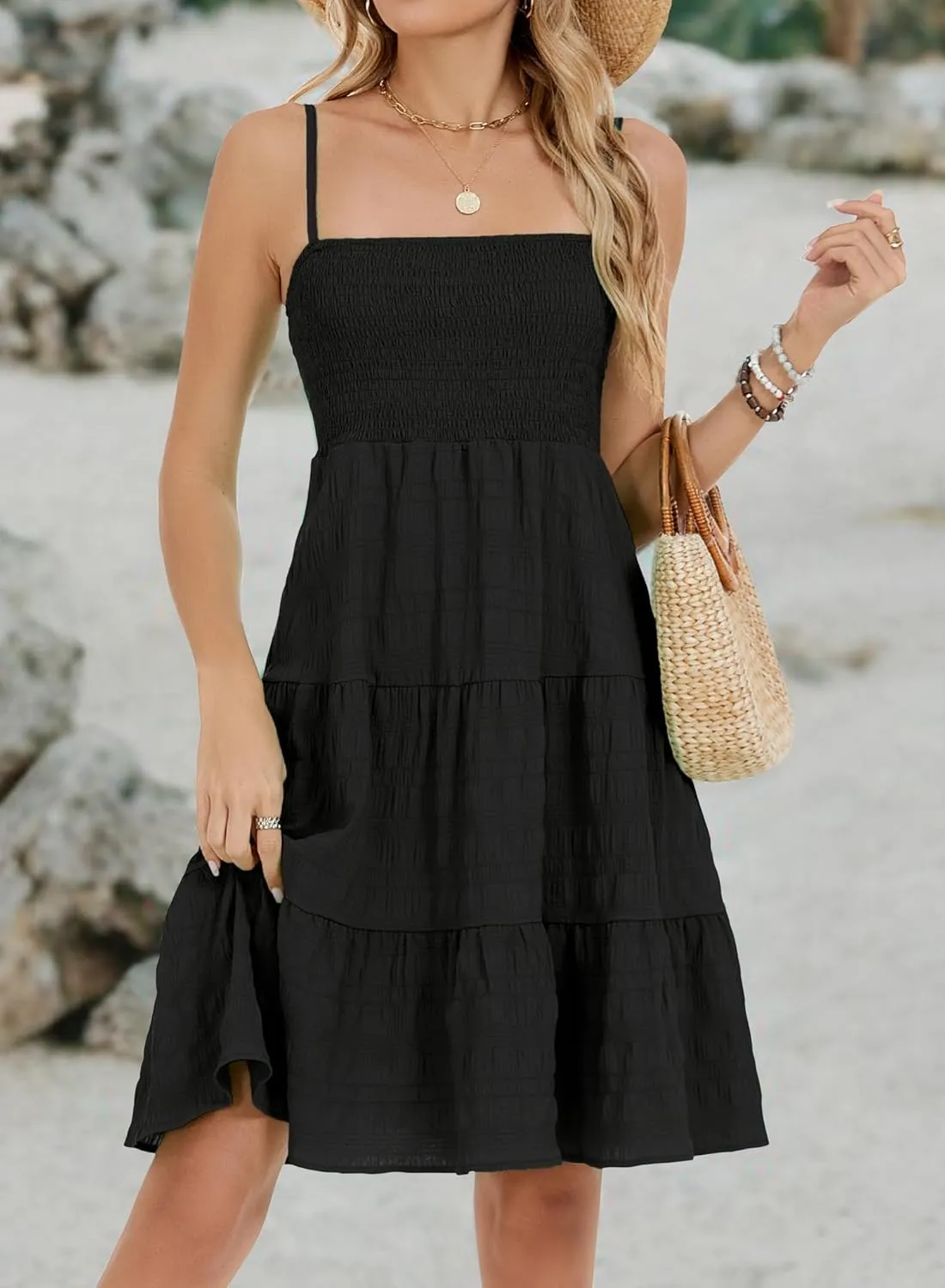 RANPHEE Womens Casual Summer Spaghetti Strap Smocked A Line Beach Vacation Sun Dress Above The Knee