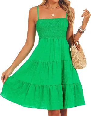 RANPHEE Womens Casual Summer Spaghetti Strap Smocked A Line Beach Vacation Sun Dress Above The Knee