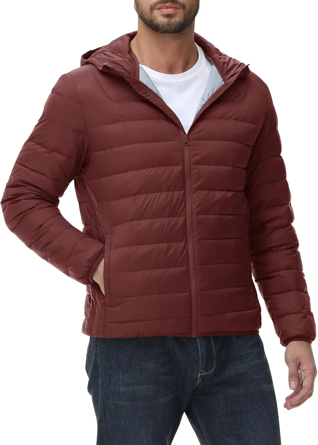 Rdruko Men's Down Puffer Jacket with Hood Packable Lightweight Puffy Hooded Winter Coat Light Thin Insulated Jacket