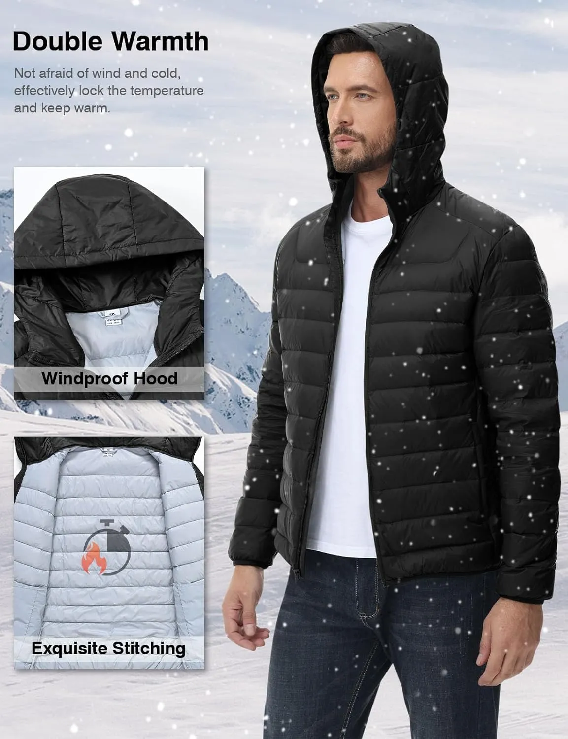 Rdruko Men's Down Puffer Jacket with Hood Packable Lightweight Puffy Hooded Winter Coat Light Thin Insulated Jacket
