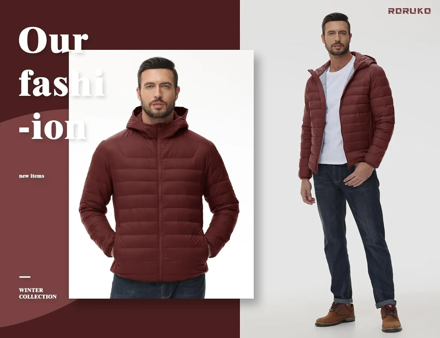 Rdruko Men's Down Puffer Jacket with Hood Packable Lightweight Puffy Hooded Winter Coat Light Thin Insulated Jacket
