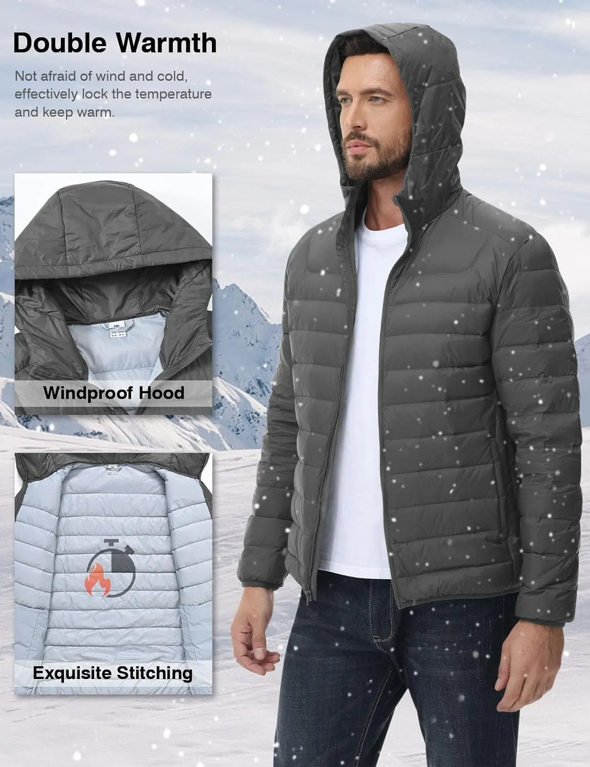 Rdruko Men's Down Puffer Jacket with Hood Packable Lightweight Puffy Hooded Winter Coat Light Thin Insulated Jacket