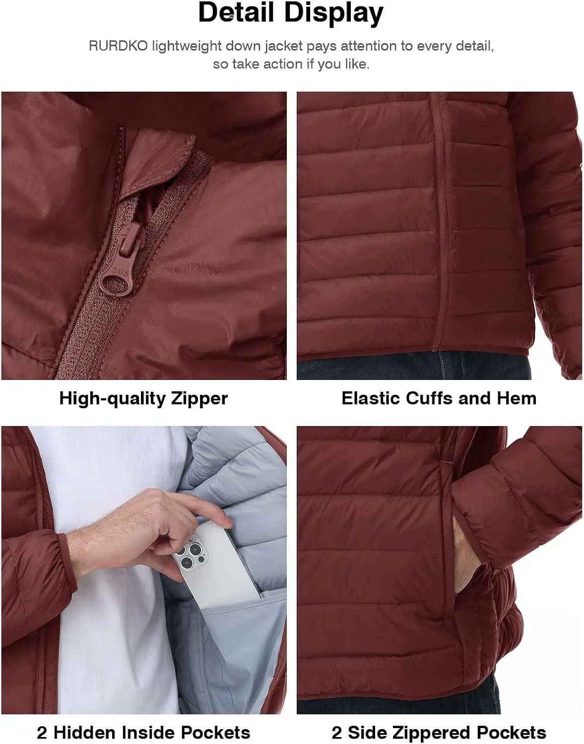 Rdruko Men's Down Puffer Jacket with Hood Packable Lightweight Puffy Hooded Winter Coat Light Thin Insulated Jacket