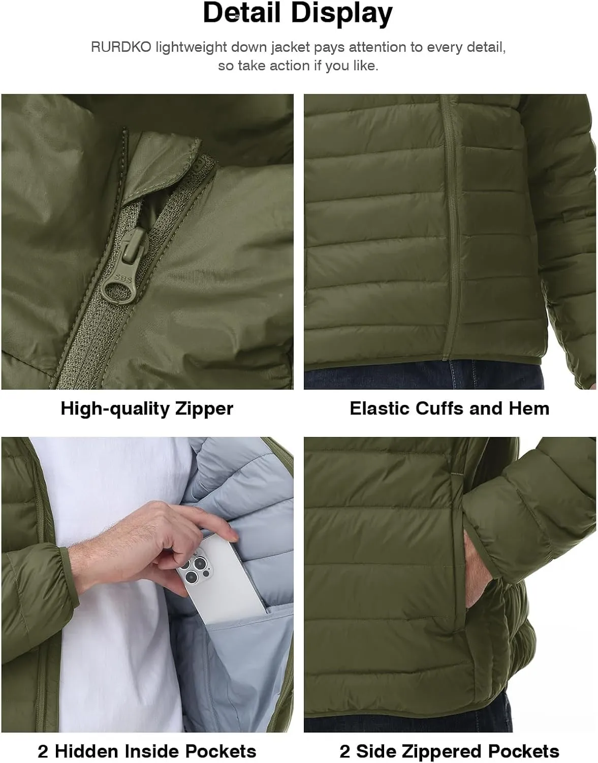 Rdruko Men's Down Puffer Jacket with Hood Packable Lightweight Puffy Hooded Winter Coat Light Thin Insulated Jacket