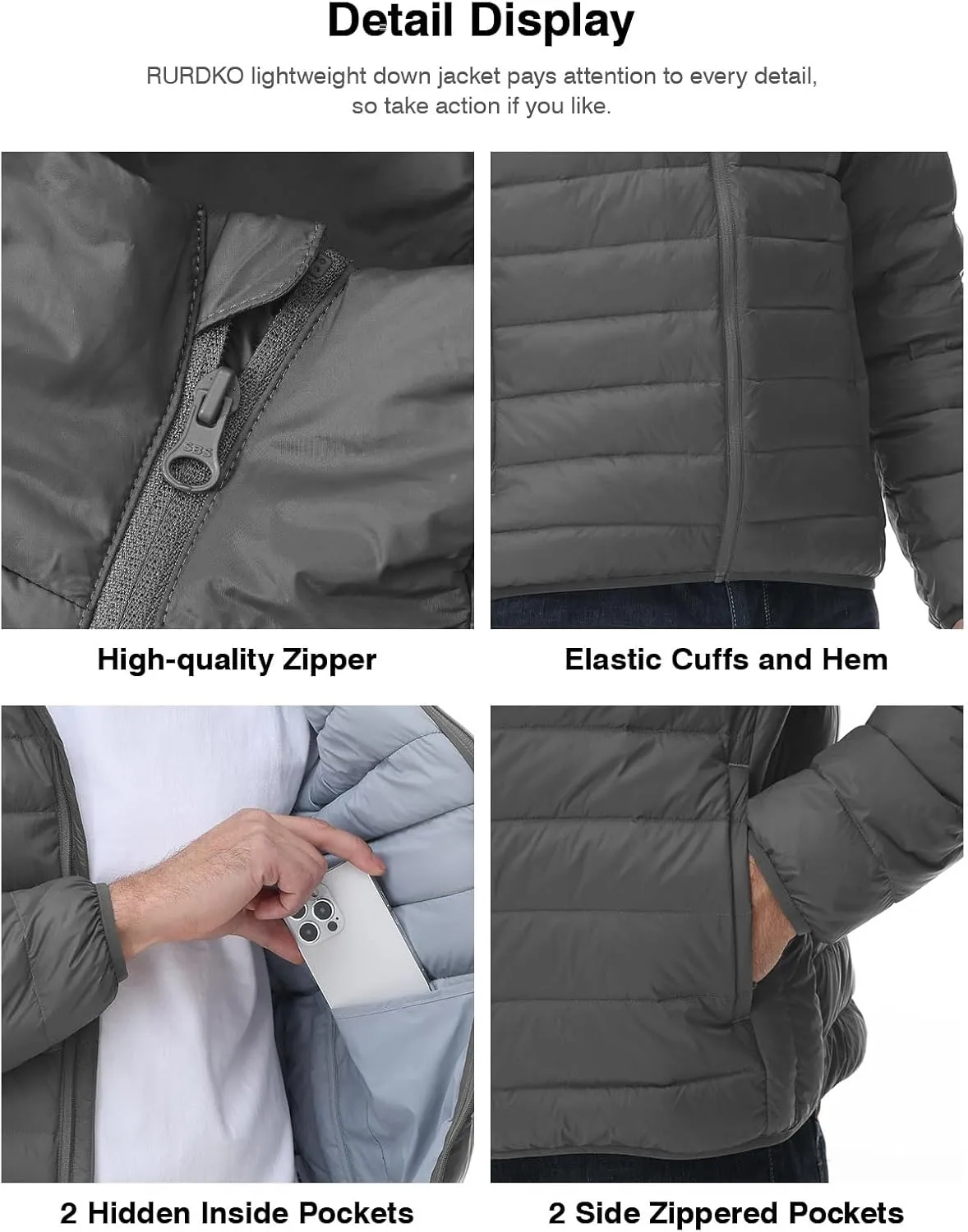 Rdruko Men's Down Puffer Jacket with Hood Packable Lightweight Puffy Hooded Winter Coat Light Thin Insulated Jacket
