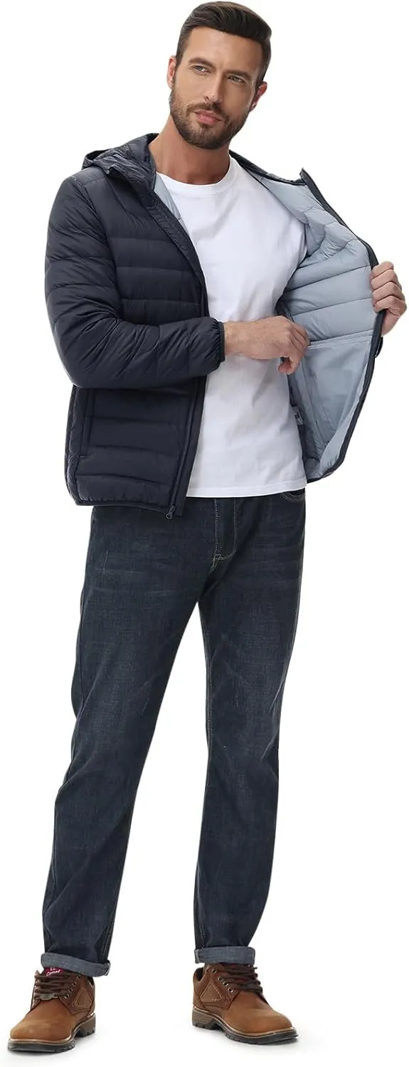 Rdruko Men's Down Puffer Jacket with Hood Packable Lightweight Puffy Hooded Winter Coat Light Thin Insulated Jacket