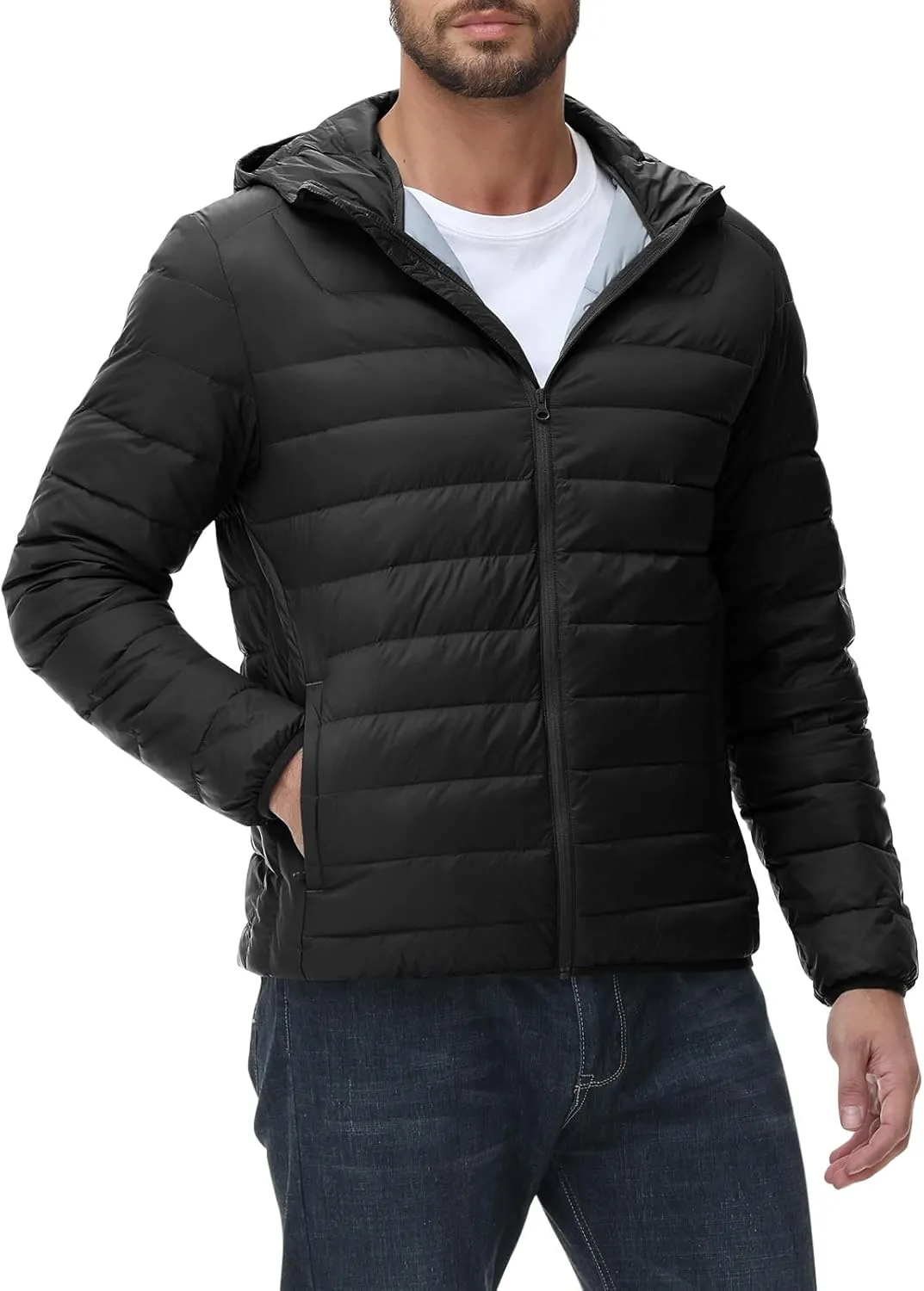 Rdruko Men's Down Puffer Jacket with Hood Packable Lightweight Puffy Hooded Winter Coat Light Thin Insulated Jacket