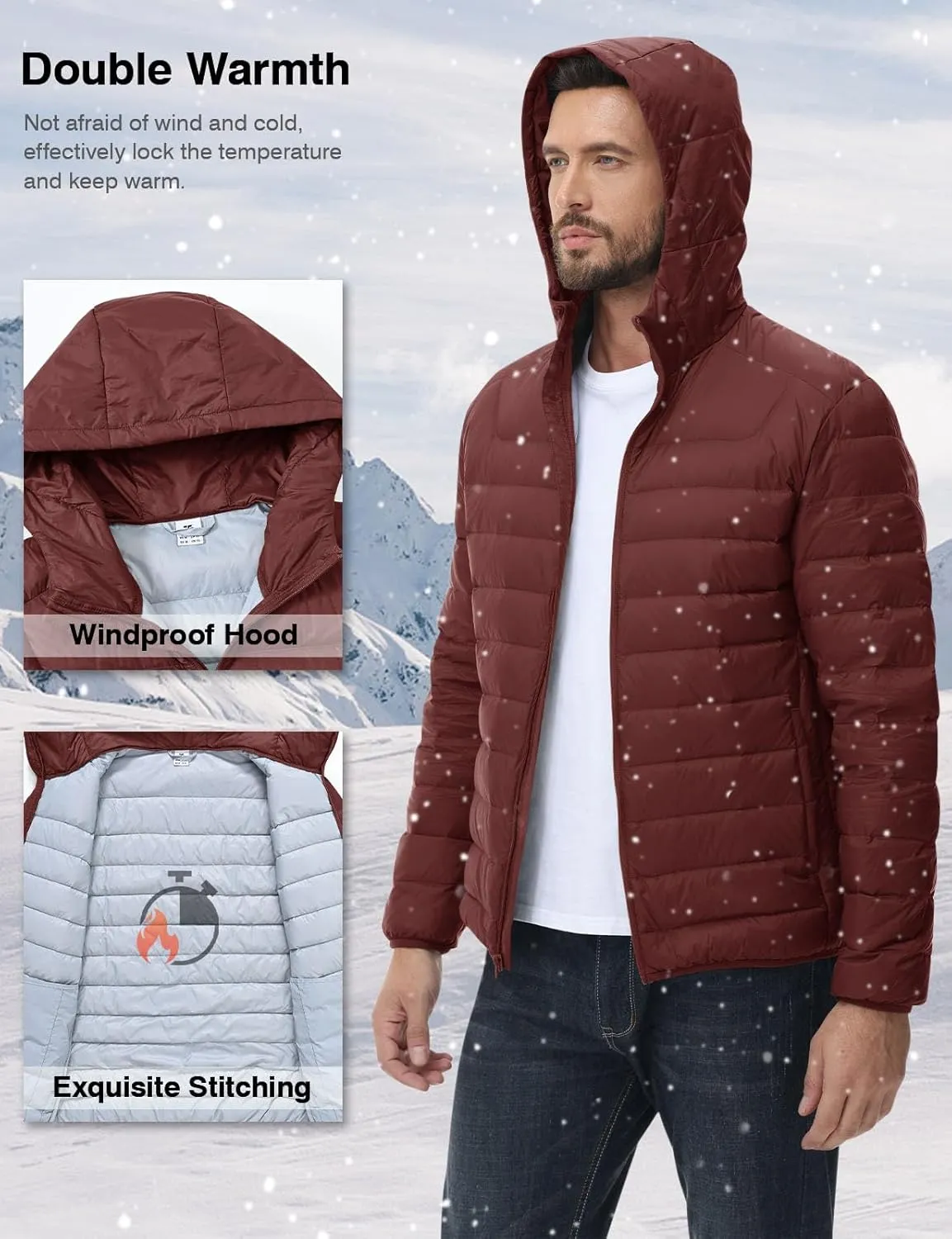 Rdruko Men's Down Puffer Jacket with Hood Packable Lightweight Puffy Hooded Winter Coat Light Thin Insulated Jacket
