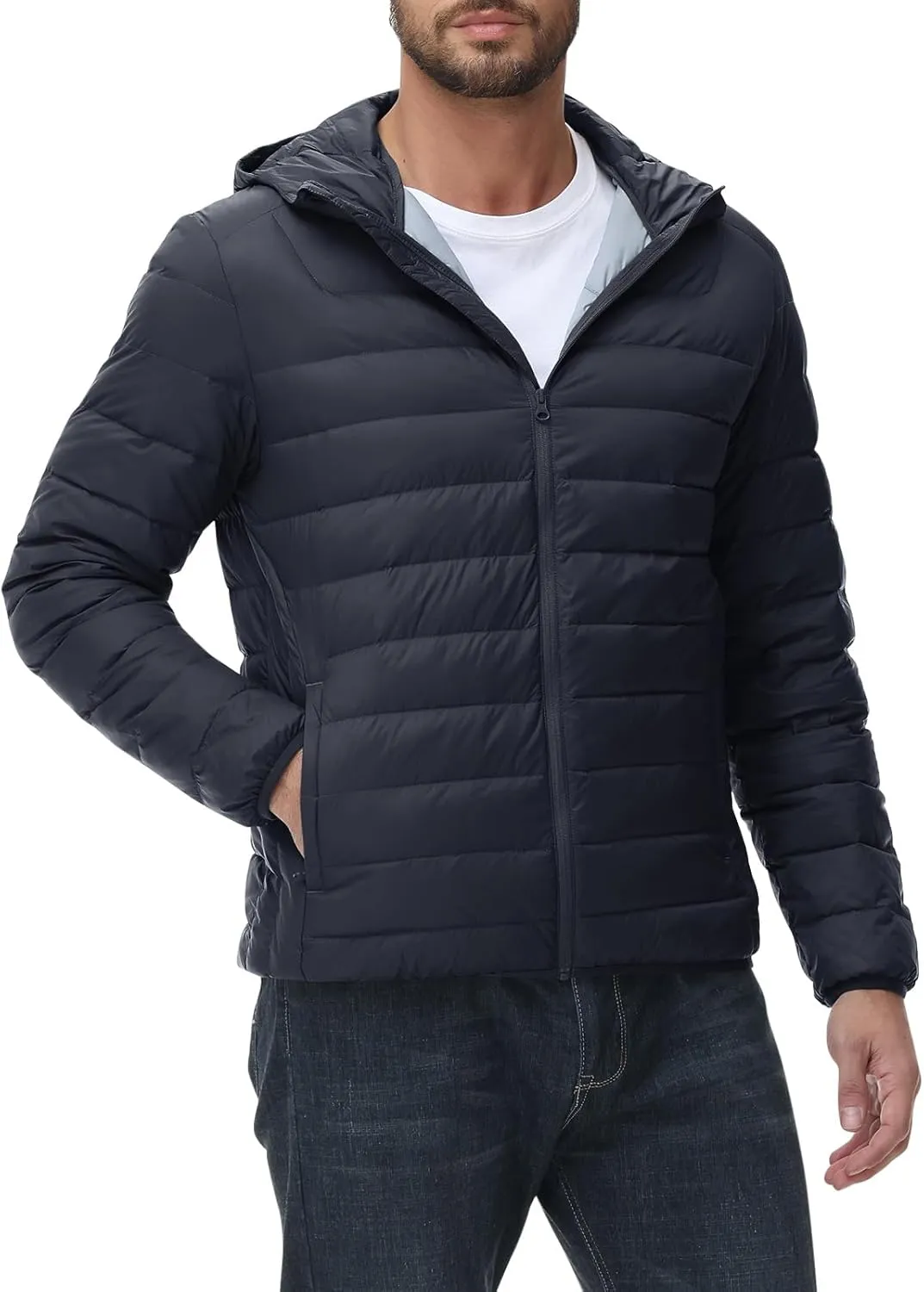 Rdruko Men's Down Puffer Jacket with Hood Packable Lightweight Puffy Hooded Winter Coat Light Thin Insulated Jacket
