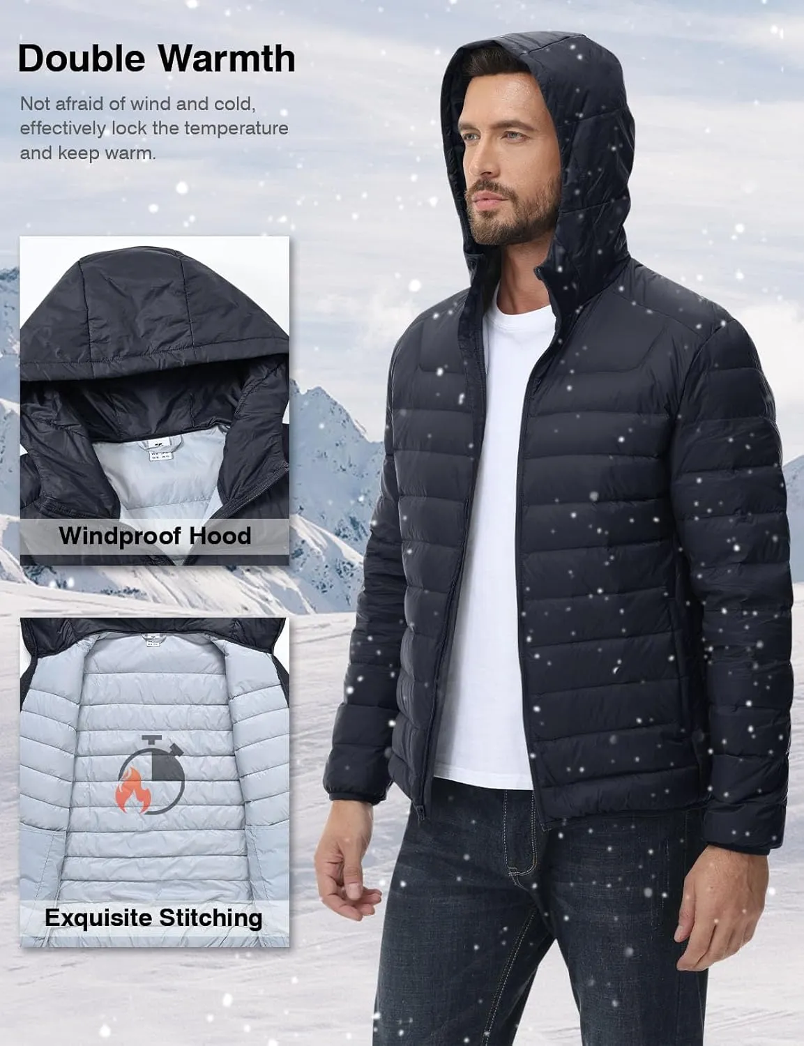 Rdruko Men's Down Puffer Jacket with Hood Packable Lightweight Puffy Hooded Winter Coat Light Thin Insulated Jacket