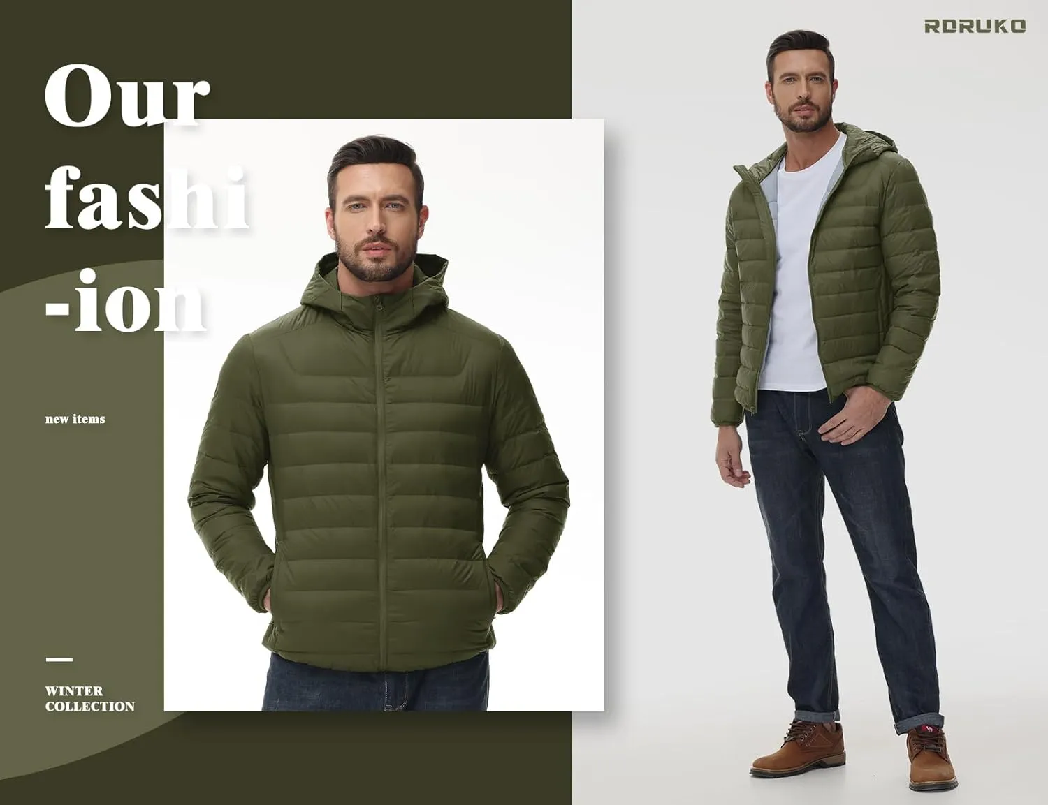 Rdruko Men's Down Puffer Jacket with Hood Packable Lightweight Puffy Hooded Winter Coat Light Thin Insulated Jacket