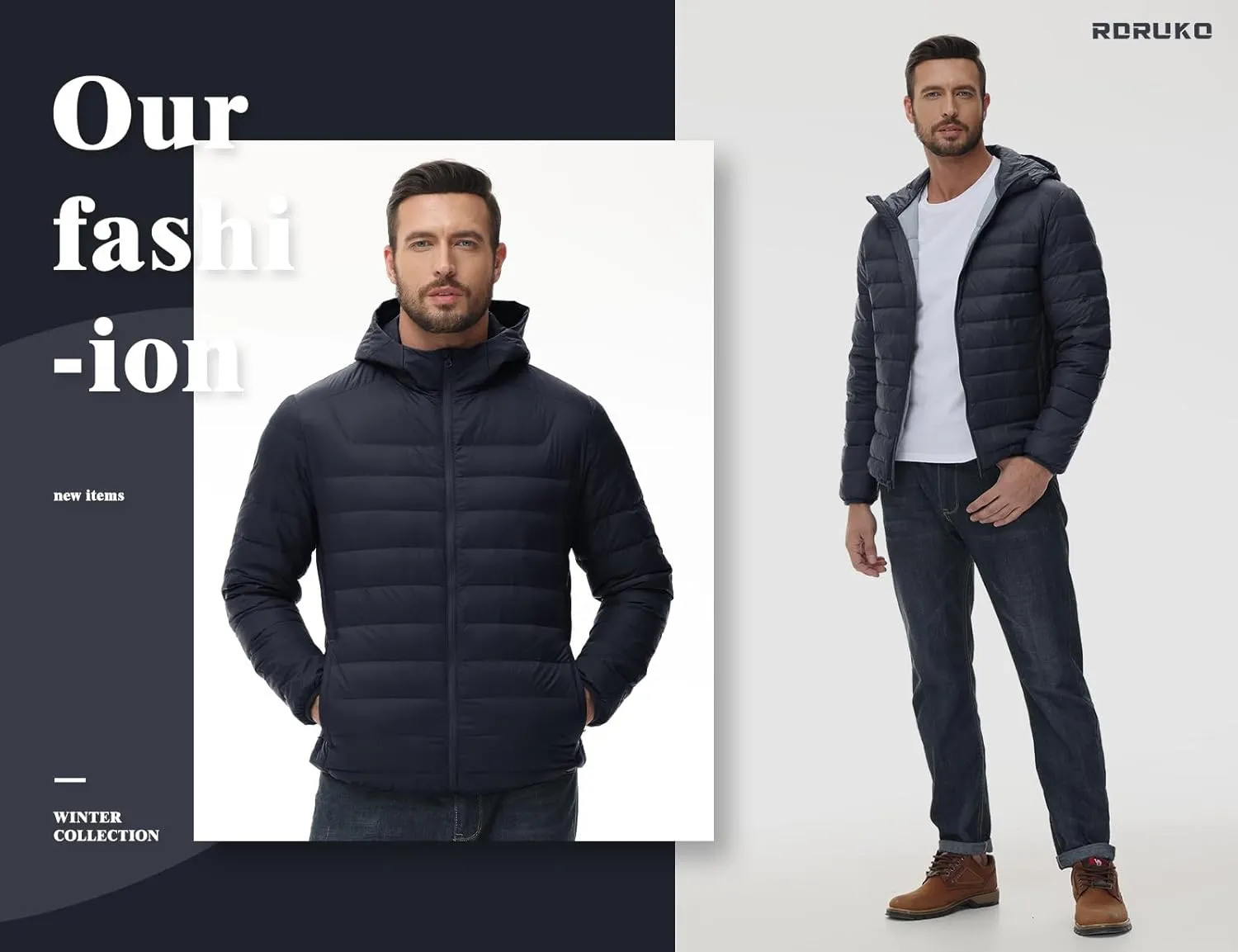 Rdruko Men's Down Puffer Jacket with Hood Packable Lightweight Puffy Hooded Winter Coat Light Thin Insulated Jacket