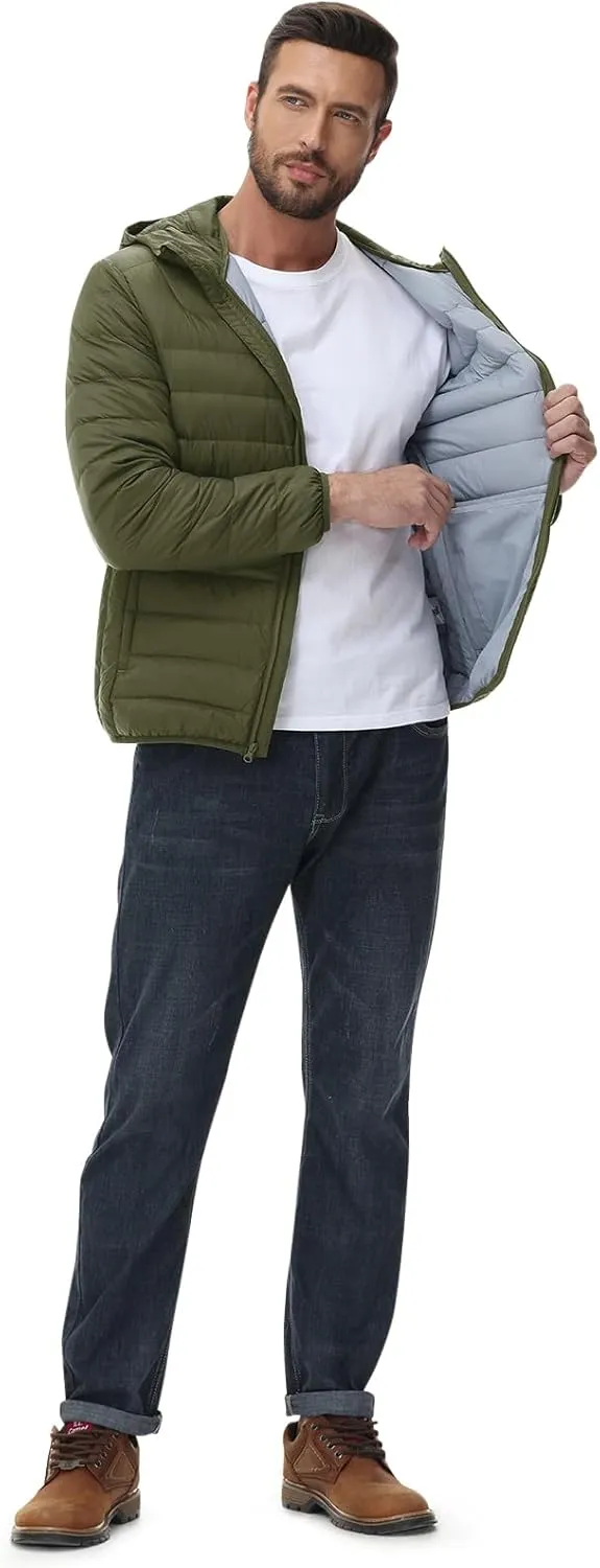 Rdruko Men's Down Puffer Jacket with Hood Packable Lightweight Puffy Hooded Winter Coat Light Thin Insulated Jacket