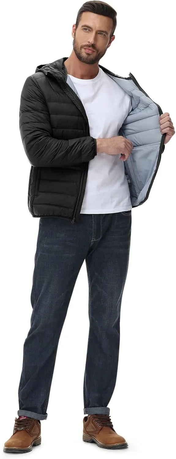 Rdruko Men's Down Puffer Jacket with Hood Packable Lightweight Puffy Hooded Winter Coat Light Thin Insulated Jacket