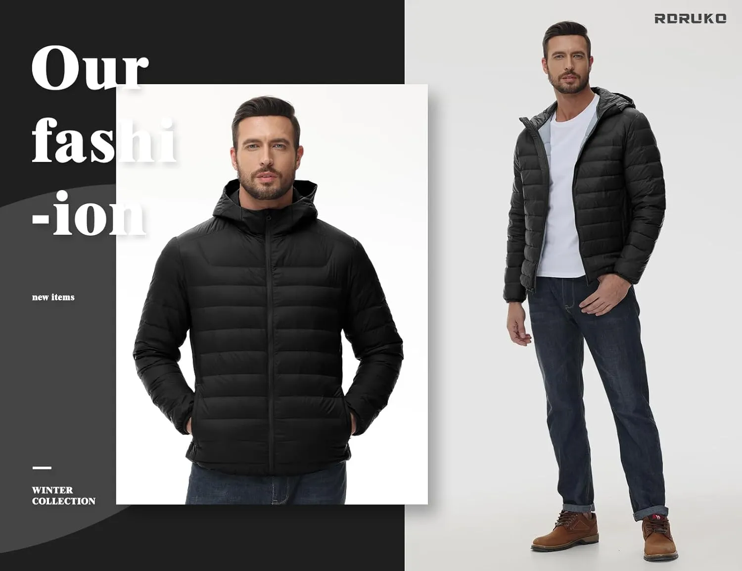 Rdruko Men's Down Puffer Jacket with Hood Packable Lightweight Puffy Hooded Winter Coat Light Thin Insulated Jacket