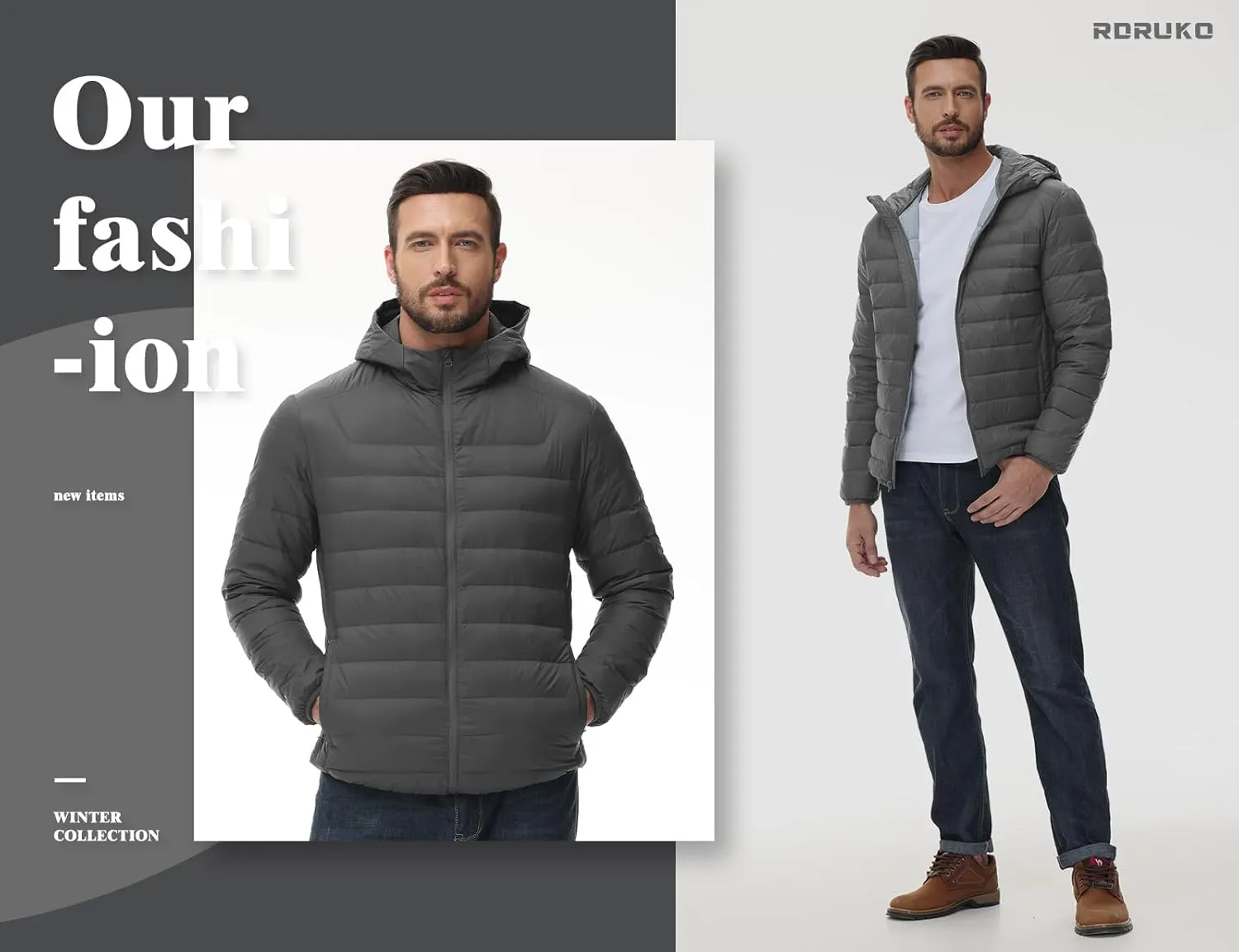 Rdruko Men's Down Puffer Jacket with Hood Packable Lightweight Puffy Hooded Winter Coat Light Thin Insulated Jacket
