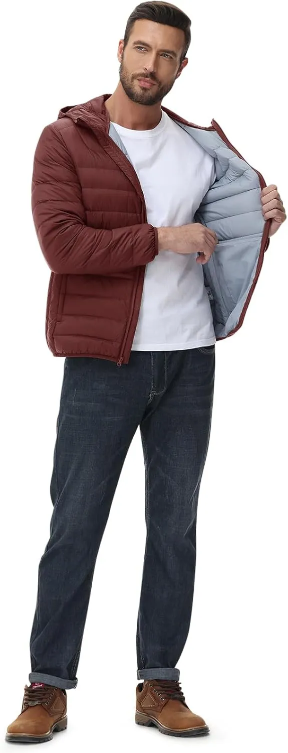 Rdruko Men's Down Puffer Jacket with Hood Packable Lightweight Puffy Hooded Winter Coat Light Thin Insulated Jacket