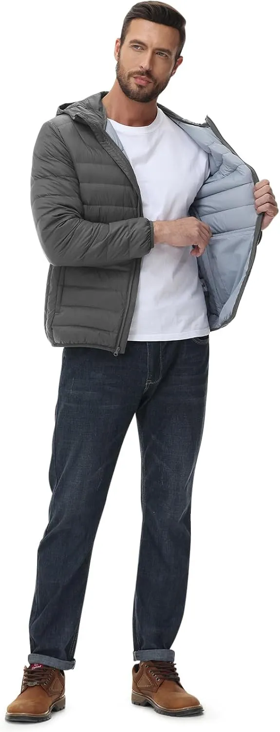 Rdruko Men's Down Puffer Jacket with Hood Packable Lightweight Puffy Hooded Winter Coat Light Thin Insulated Jacket