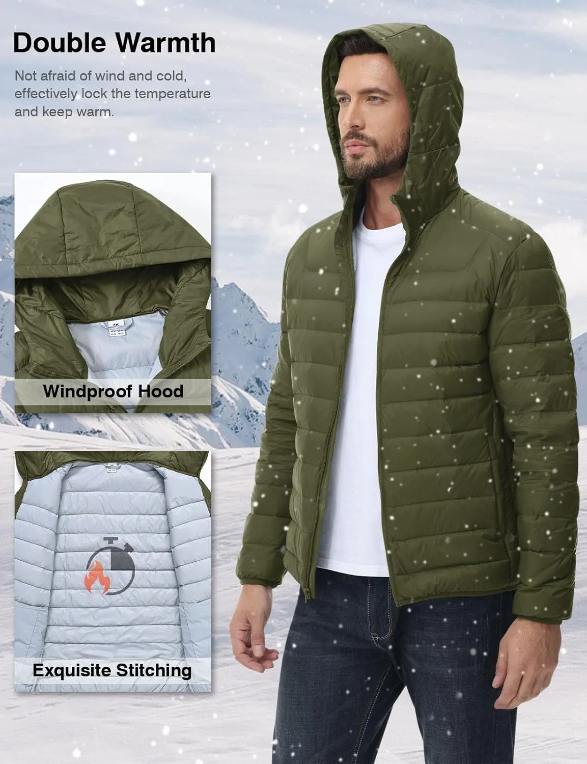 Rdruko Men's Down Puffer Jacket with Hood Packable Lightweight Puffy Hooded Winter Coat Light Thin Insulated Jacket