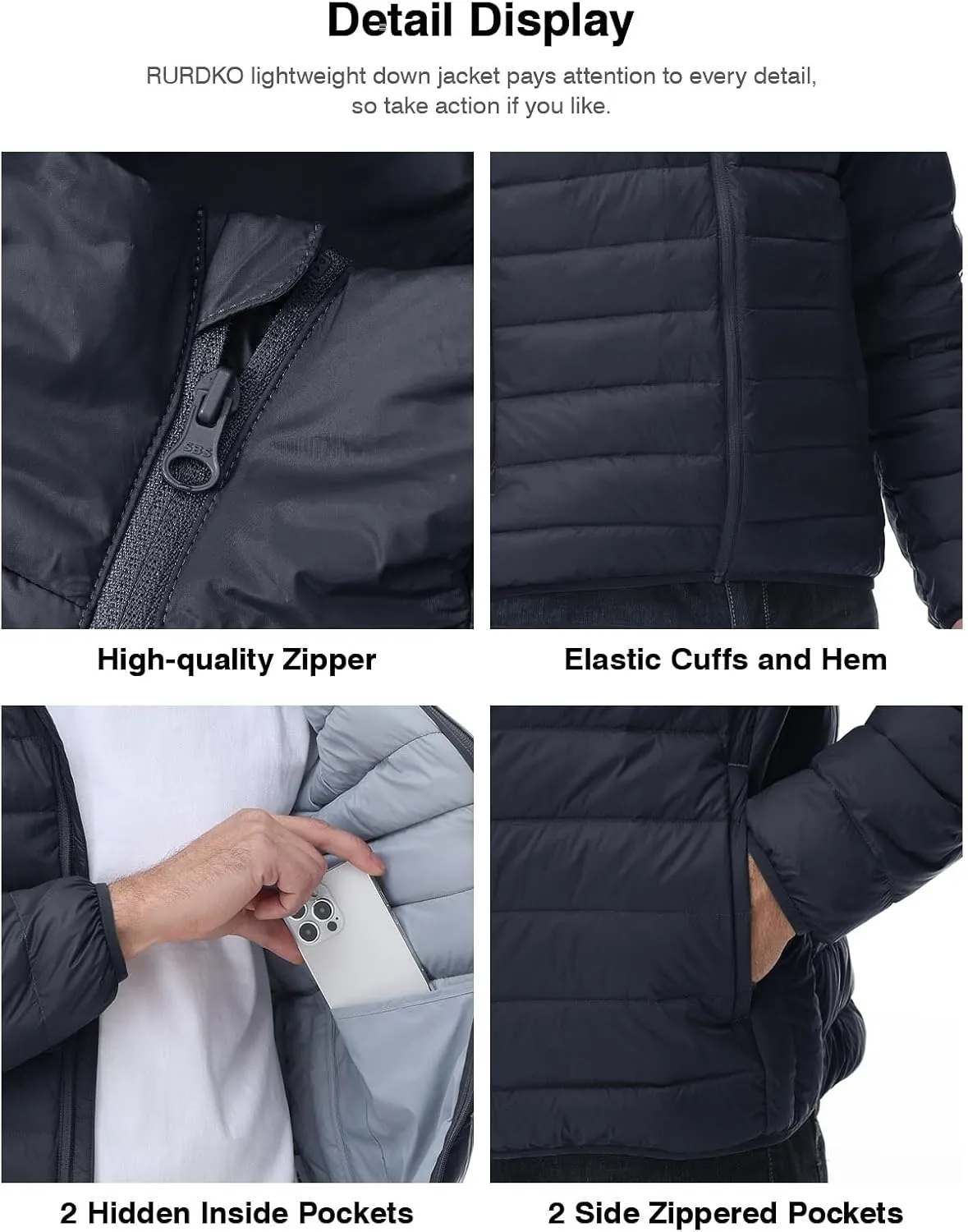 Rdruko Men's Down Puffer Jacket with Hood Packable Lightweight Puffy Hooded Winter Coat Light Thin Insulated Jacket